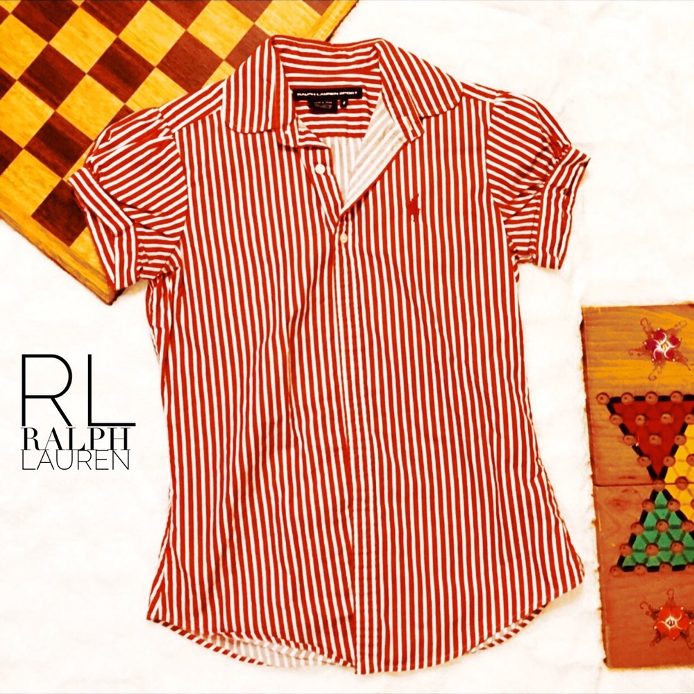 RL Sport Cropped Sleeved Button-up; Red & White